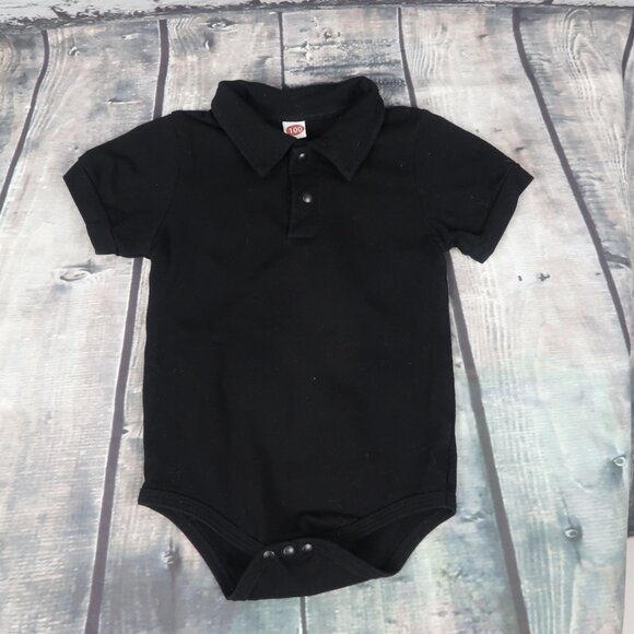 100 BLACK SHORT SLEEVE COLLARED ONE PIECE COTTON BODYSUIT SIZE 9MTHS - Picture 1 of 4